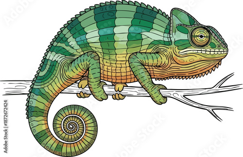 Illustrative Chameleon on a Branch with Detailed Scales and Vibrant Colors