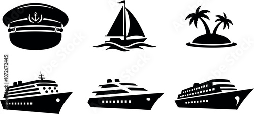 Captain hat sailboat island palm trees cruise ship yacht vector icons design elements