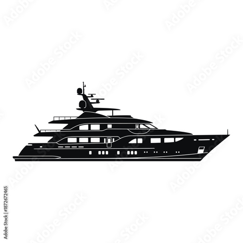 A sleek black silhouette of a large modern yacht resting calmly on the water