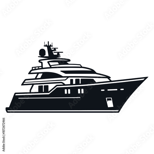 A sleek black and white illustration of a luxurious yacht sailing on calm waters