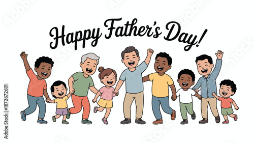 Diverse group of happy fathers and children holding hands cheerfully celebrating Fathers Day together