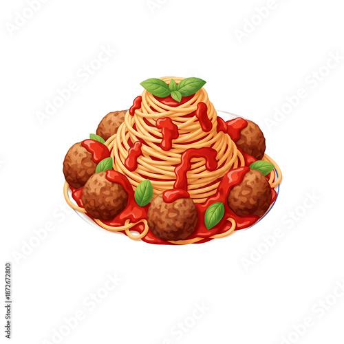 Delicious Spaghetti and Meatballs Cartoon Illustration Isolated on Black Background