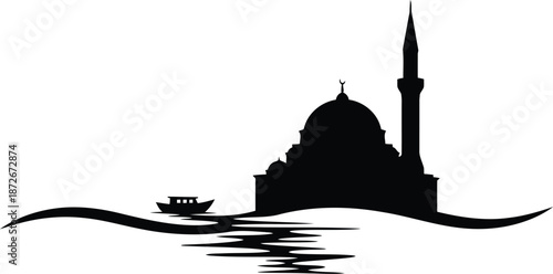 Silhouette of mosque and boat on water, istanbul Vector