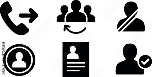 Communication and user profile icons set with call, group, identification, and verification symbols vector collection