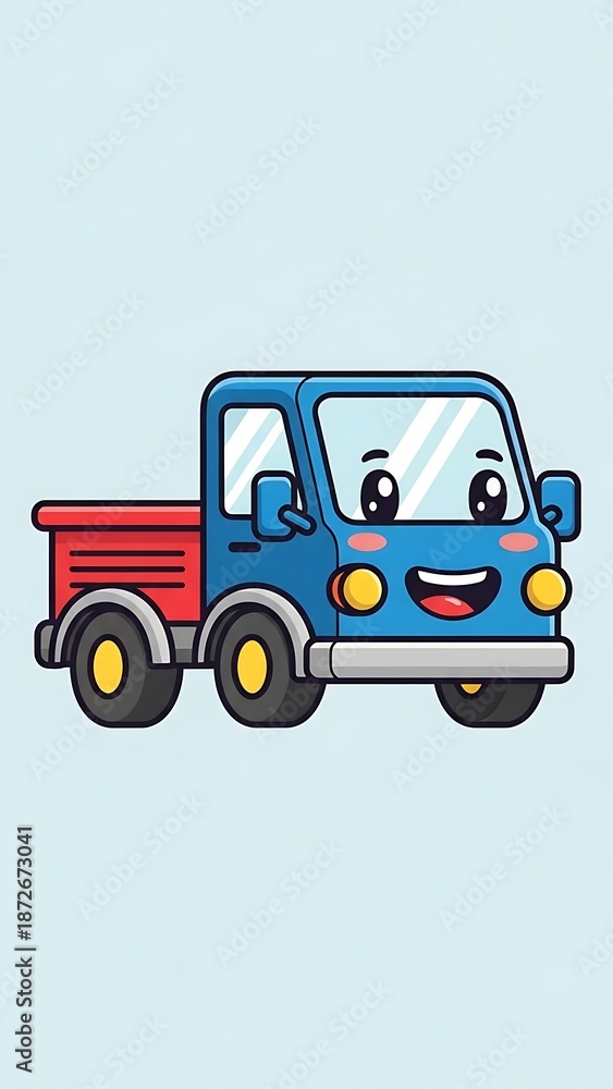 Naklejka premium Smiling cartoon truck with red bed.
