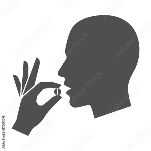 Silhouette of a person taking a pill or capsule with hand gesture health concept