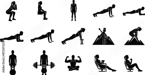 Collection of various fitness activity icons depicting bodyweight exercises weightlifting and mountain climbing silhouettes for health and wellness concepts