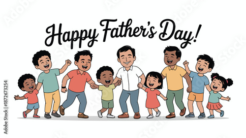 Happy multiethnic fathers and their children holding hands in a line celebrating Fathers Day