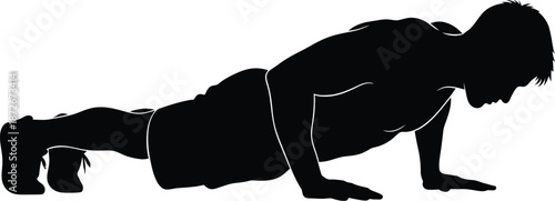 Silhouette of a muscular athlete performing a perfect push up exercise demonstrating strength training and physical fitness in a dynamic pose isolated on white