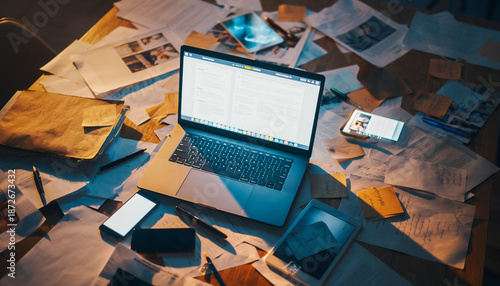 Overhead view of a messy desk with a laptop, smartphone, tablet, and scattered papers, showcasing a busy work environment or intensive research process under dramatic lighting.