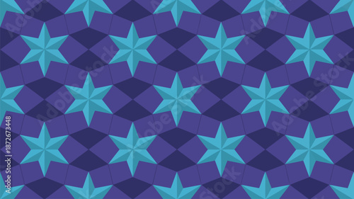 Repeating pattern of three dimensional teal stars on a purple blue background with hexagonal grid
