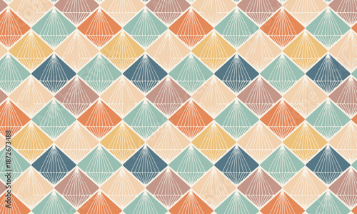 Seamless retro art deco pattern, Colorful diamond background with sunburst fan ornament, Vintage 1920s geometric textile design