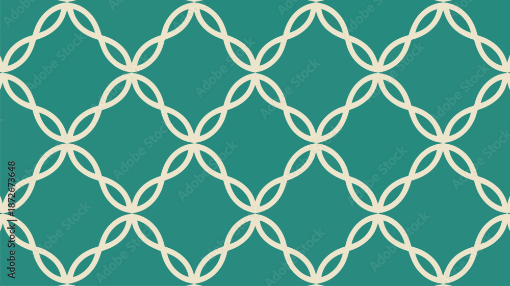 Fototapeta premium Seamless repeating geometric pattern of white interlocking ovals on a deep teal colored background