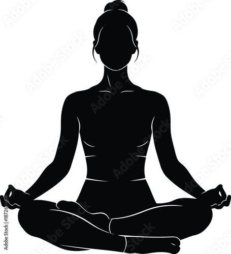 Silhouette of a woman gracefully meditating in the lotus position showing deep tranquility and inner peace for holistic wellness and spiritual focus