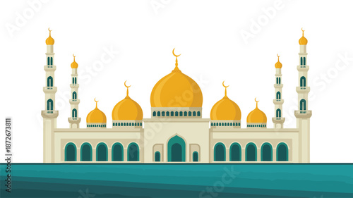 Traditional mosque illustration featuring golden domes and minarets adorned with crescent moon symbols