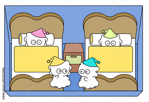布団で寝たり起きたりするかわいいおばけたちのイラスト