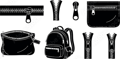 Zipper components and accessories vector set including backpack pocket and pouch zipper elements in black silhouette style