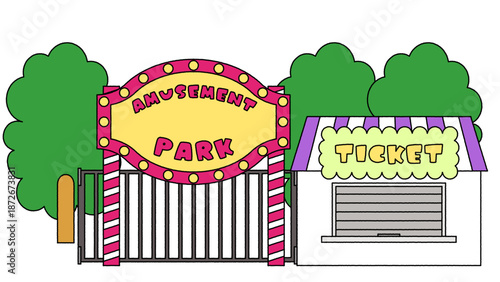 遊園地の入り口とチケット売り場のイラスト