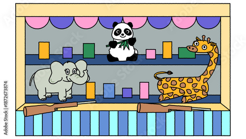 縁日の射的コーナーで並ぶかわいい動物たちのイラスト素材
