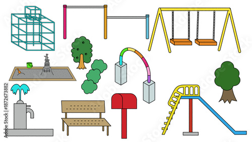 公園で使われる遊具や設備のイラスト素材セット