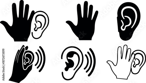 Hearing and listening icons with hands representing sound perception and communication vector set
