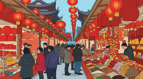 Vector illustration : traditional chinese street market, chinatown, hanging red lanterns, festive stalls, people shopping - Chinese New Year celebration, Lunar, spring festival, Beijing China travel