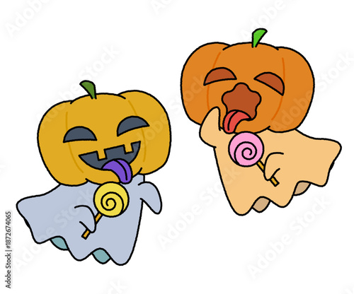 おばけの仮装をしたかわいいかぼちゃのイラスト