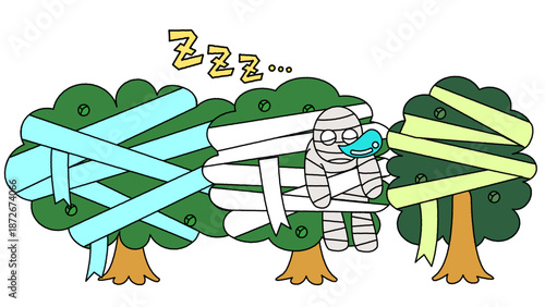 木の間に挟まって眠っているミイラ男のイラスト
