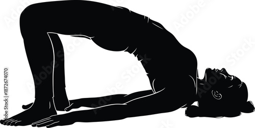 Silhouette illustration depicting a woman performing the yoga pose setu bandhasana or bridge pose for flexibility and spinal health exercises