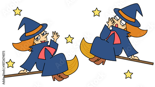 ほうきに乗って飛ぶかわいい魔女のイラスト