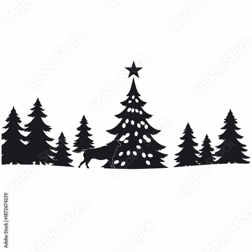 Silhouette of a winter forest scene with a decorated Christmas tree and a deer walking among the pine trees.