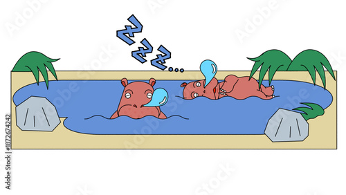 水辺で眠っているカバの親子のイラスト