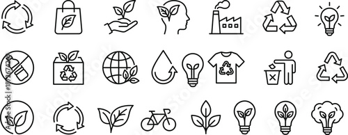 Minimal line icons set about sustainability, recycling, eco lifestyle, renewable energy, green technology, environmental awareness, climate action, and zero-waste concepts