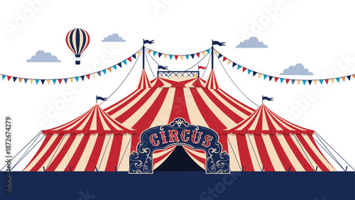 Classic red and white striped circus big top tent stands against a white background with a hot air balloon and flags.