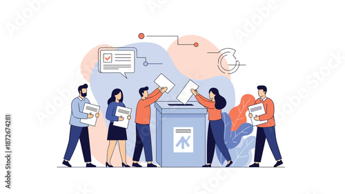 Diverse group of citizens participate in the democratic process by casting their paper ballots into a central voting box at a station.