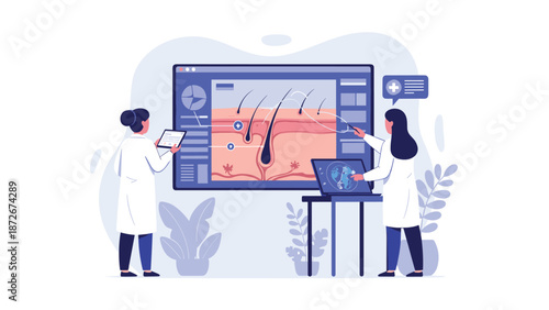 Professional dermatologists analyze microscopic skin structure and hair follicles on a large digital screen in a modern medical lab.