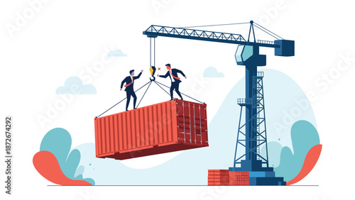 Industrial shipping container is hoisted by a large blue crane while two construction workers or managers coordinate the heavy lift.