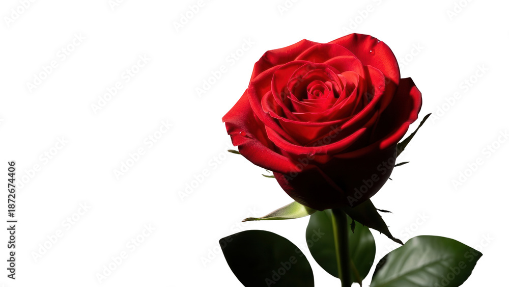 Fototapeta premium Vibrant Red Rose with Green Leaves isolated PNG with Transparent Background