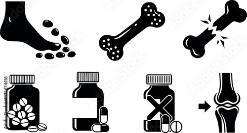 Bone health and joint care icons with supplements and broken bone vector illustration set