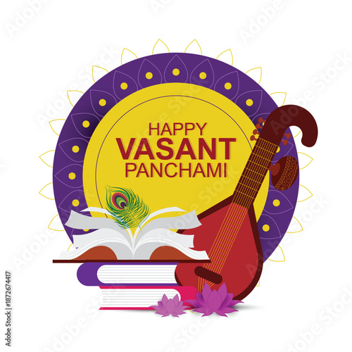 Vasant Panchami festival celebration background with Saraswati Veena, peacock feather, books