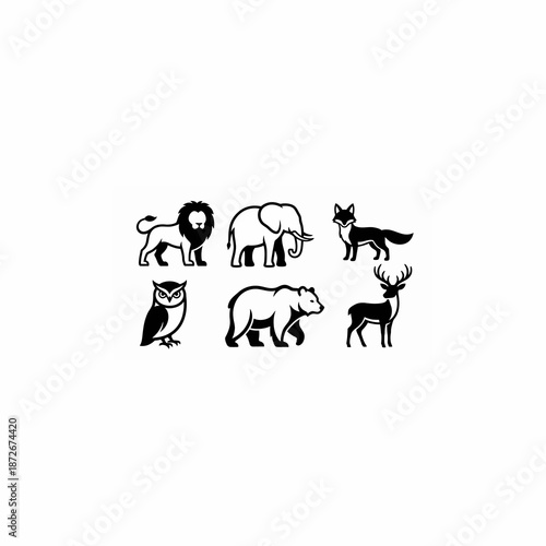 Collection of six black and white animal silhouettes including lion, elephant, fox, owl, bear, and deer on a white background.