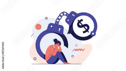 Distressed woman sits trapped inside a giant set of handcuffs representing the heavy burden of financial debt and economic stress.