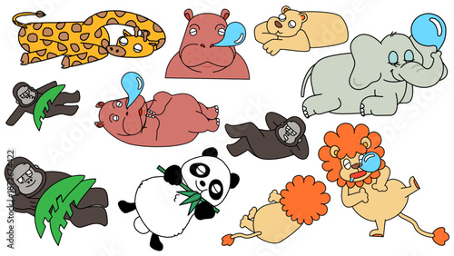 さまざまな動物が眠ったり休んだりしているイラスト
