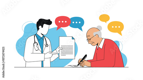 Caring male doctor explains medical results or a treatment plan to an elderly patient while pointing to a paper document.