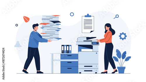 Office colleagues manage document workflow by operating a professional photocopier and carrying large stacks of paper files.