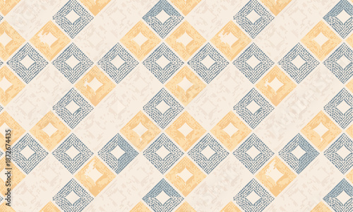 Seamless geometric diamond tile pattern, Retro blue and yellow rhombus mosaic background, Mid century modern floor texture design
