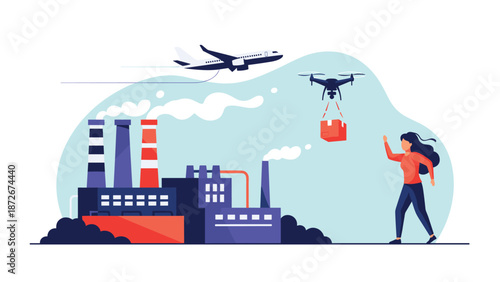 High tech delivery drone carries a red package over a busy industrial zone featuring a large factory and an airplane in the sky.