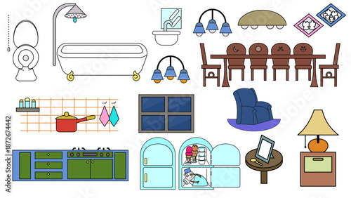 家の中で使えるインテリアと家具のイラスト素材セット