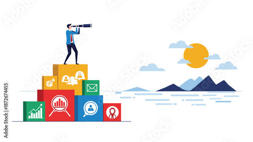 Visionary leader stands atop stacked business strategy blocks using a telescope to look toward the horizon for new opportunities.