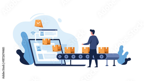 E-commerce business owner manages order fulfillment through a digital interface as packages move along a conveyor belt.